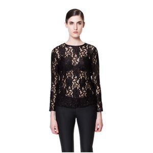 Rare Zara black lace crew neck long sleeve top