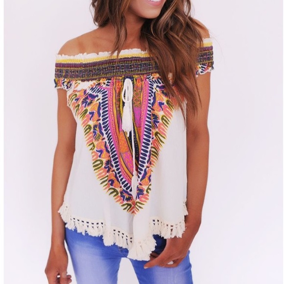 NWOT Cream Tribal Fringe Off Shoulder Top