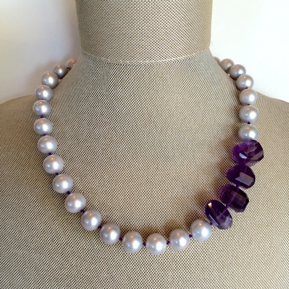 NWT PEARL & AMETHYST NECKLACE, PURPLE KNOTTED SILK