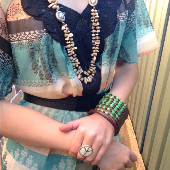 Shell Necklace, Wood Bracelets, and Ring - Set
