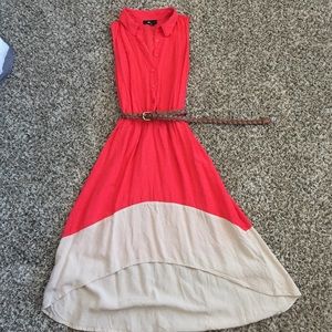 Coral and tan calf length dress