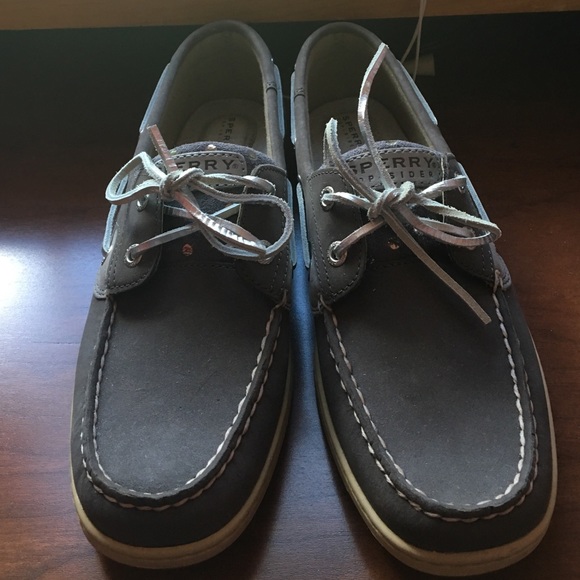 Gray polka-dotted Sperry Top-siders