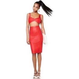 Red leather pencil shirt with matching bustier