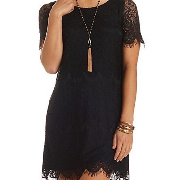 Crochet Lace Shift Dress - Black