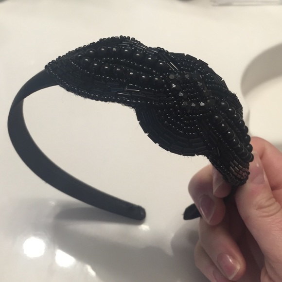 Black satin headband with beaded design