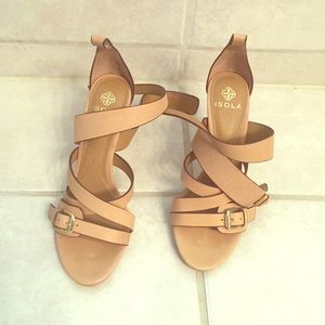 Tan heels with straps. So comfortable!