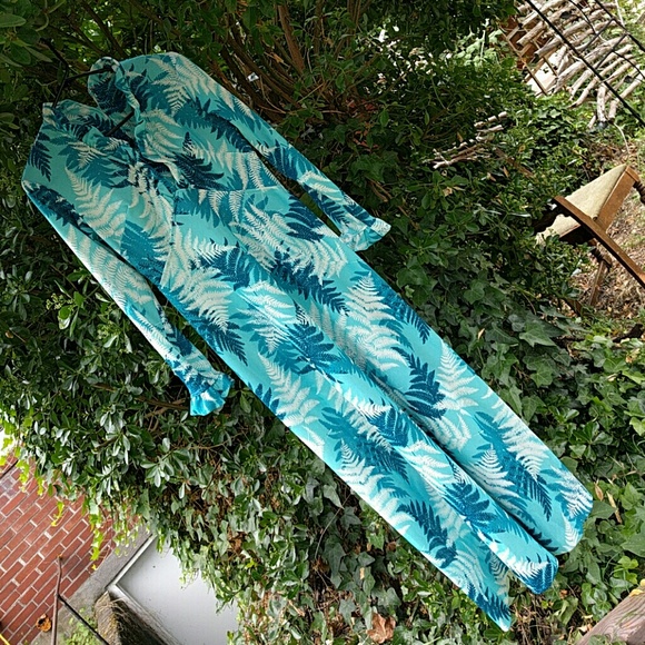 Vintage Turquoise Tropical Maxi Dress w Ferns
