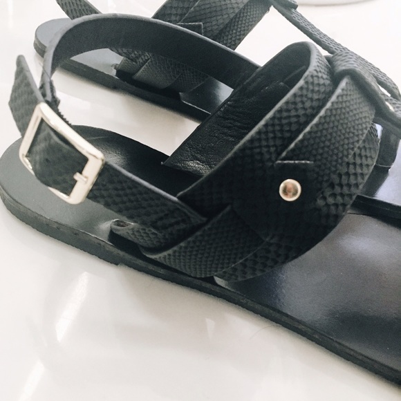 Black Leather T-Strap Sandals - Picture 2 of 3