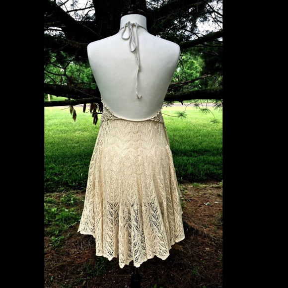 Free People ivory tan Crochet Lace Halter Dress S - Picture 2 of 4