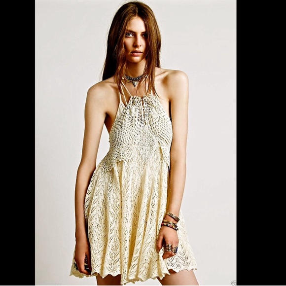Free People ivory tan Crochet Lace Halter Dress S - Picture 3 of 4