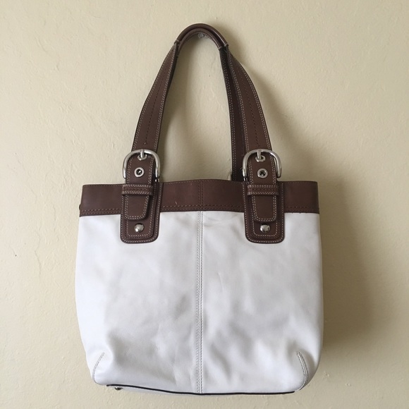 Coach Brown & White Pleated Tote Bag - Picture 2 of 3