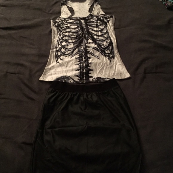 Skeleton tank top and pleather mini skirt