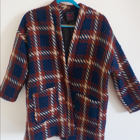 Plaid knit open coat with pockets S-M