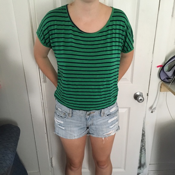 Green and navy stripped shirt