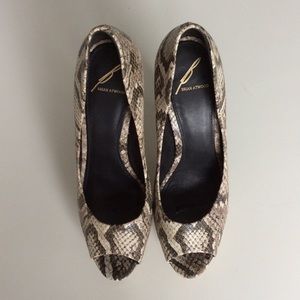 Brian Atwood Snake Skin Platform Open Toe Pumps