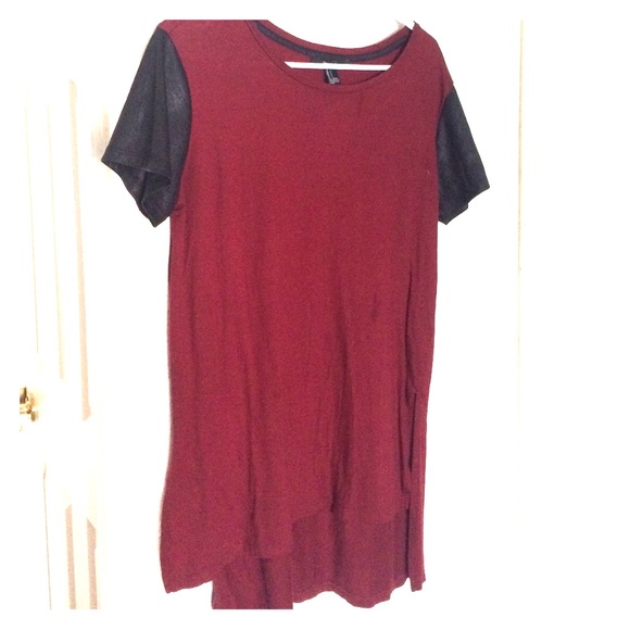 Maroon Faux Leather Sleeve Tee