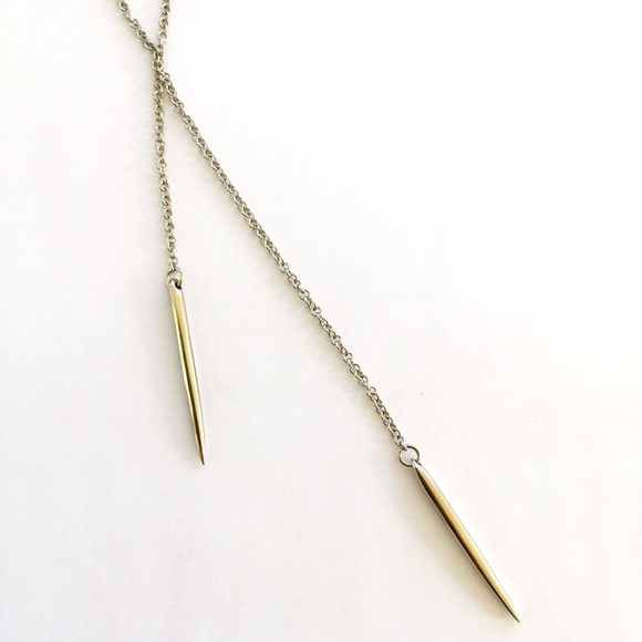 Silver Double Spike Y Lariat Chain Necklace