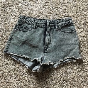 High waisted, acid wash style denim shorts