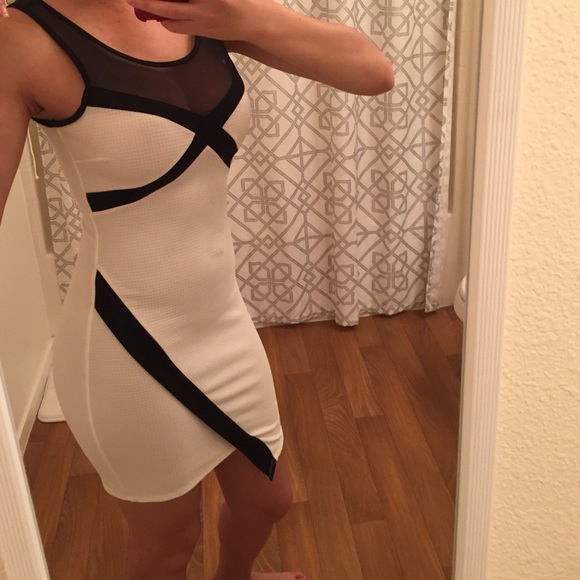 Black and white mesh top mini dress