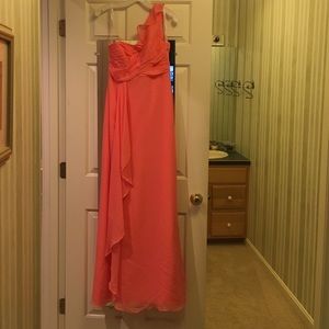 Coral one shoulder chiffon with ruffle gown