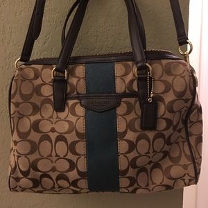 Coach signature purse in brown with teal accent