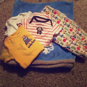 Baby blanket, 3 onesie, & burp rag