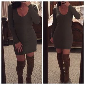 Hot Miami Styles Olive Knit Ribbed V Neck Dress