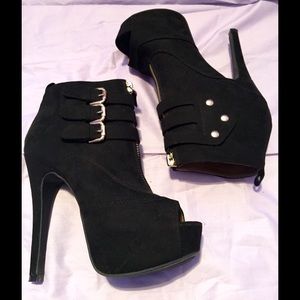 Black gold suede peep toe ankle booties