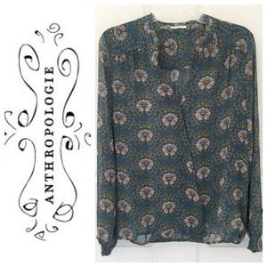Anthropologie Floral Faux Wrap Blouse Top Teal