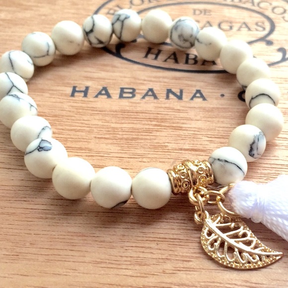 Marble White Tassel Gold Charm Bracelet