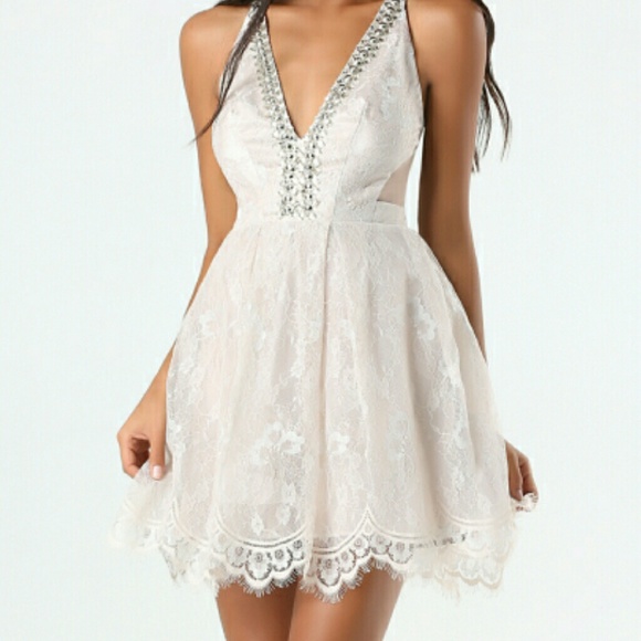 bebe Metallic Lace Flared Dress
