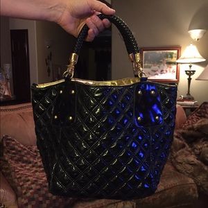 Quilted patent pleather black large purse