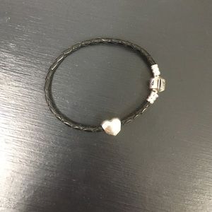 Black Pandora Bracelet w/ silver heart charm