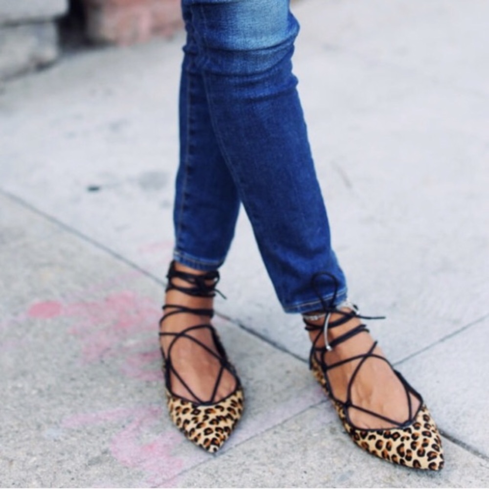 FLATS ZARA LEOPARD LEATHER LACE UP BALLET FLATS - Picture 6 of 8