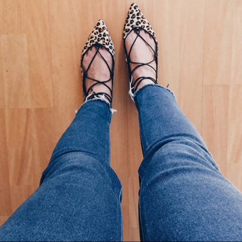 FLATS ZARA LEOPARD LEATHER LACE UP BALLET FLATS - Picture 2 of 8