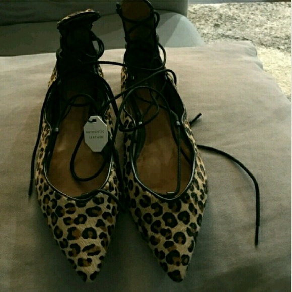 FLATS ZARA LEOPARD LEATHER LACE UP BALLET FLATS - Picture 8 of 8