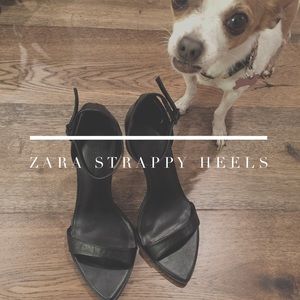Zara black leather ankle strappy heel sandal