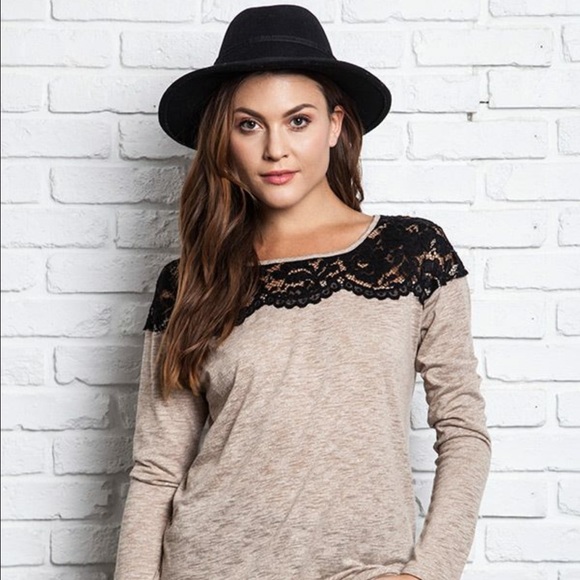 Mocha Long Sleeve Top with Crochet Detail
