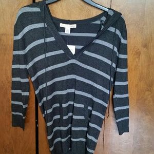 Black and Gray Striped Hooded Top