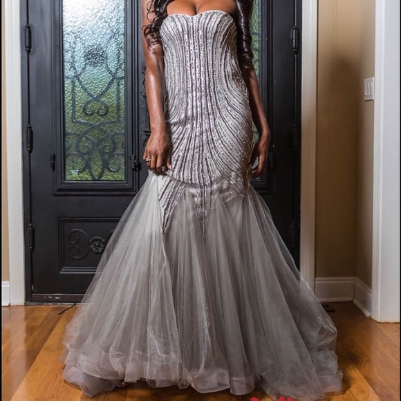 La Femme Gray Sequin Prom Dress