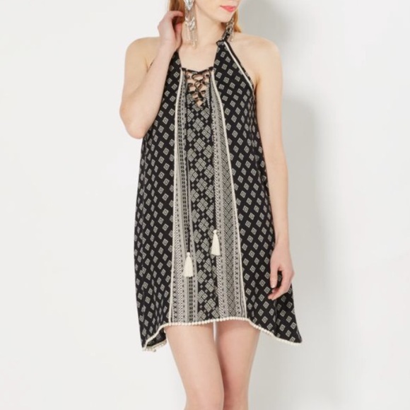 Lace-Up Bohemian Inspired Shift Dress Crochet Trim