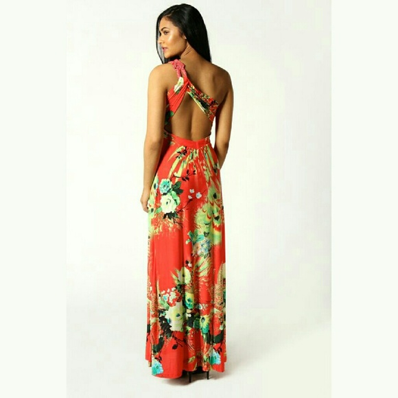 Like New One Shoulder Black & Floral Maxi Dress - Picture 2 of 4