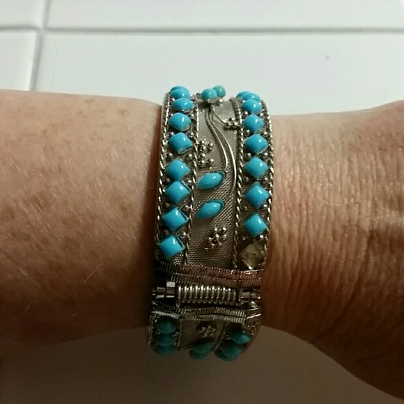 Faux turquoise and silver hinged bracelet