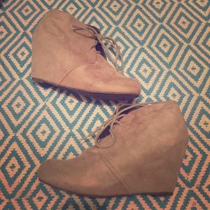 Tan suede like material lace up wedges