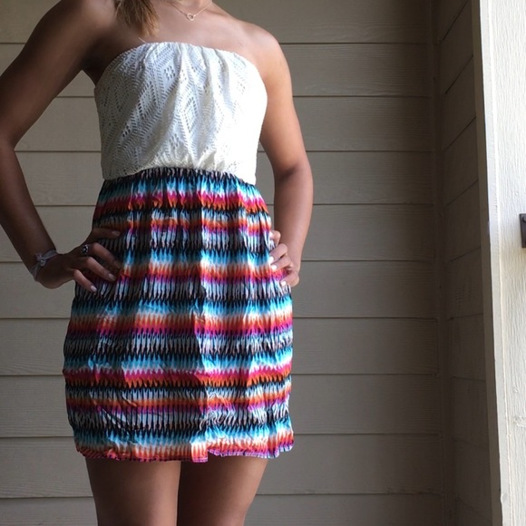 Crochet top, cotton bottom strapless dress