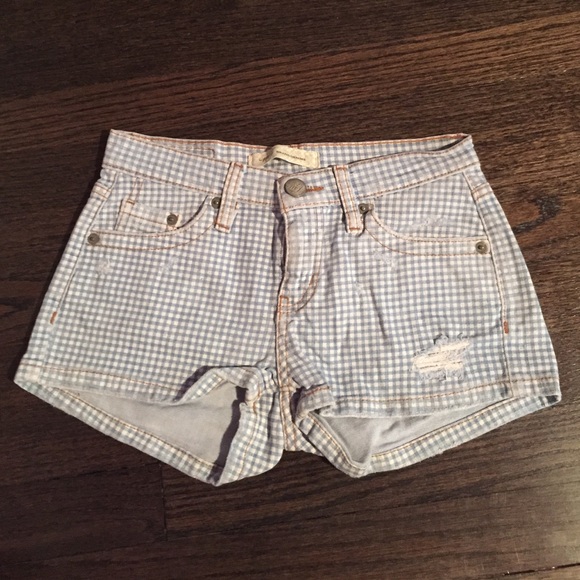 Plaid denim shorts
