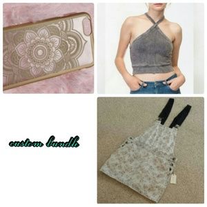 F21 Overall short dress+grey crop top+iphone case