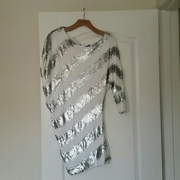 Bebe 1 sleeve sequin party mini dress