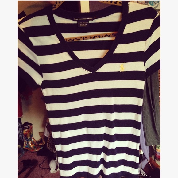 Navy and white stripped polo with yellow horse