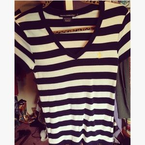 Navy and white stripped polo with yellow horse